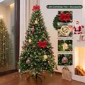 1.8m snow-tipped Christmas tree set with red bows, pine cones, and LED lights. - House Pinecone Style (1.8m) / With Lights and Tree Skirt / Forest Green