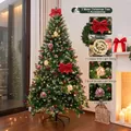 3m luxury Christmas tree with red bows, pinecones, and warm LED light string - House Pinecone Style (3m) / With Lights and Tree Skirt / Forest Green