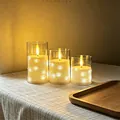 Dreiteiliges Set warmer LED-Elektronikkerzen mit Glasabdeckung und Lichterketten - Kupferdraht-Licht Bullet-Kopf 3er-Set (7.5*10/12.5/15cm) / Dreiteiliges Set