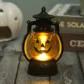 Close-up of glowing Halloween pumpkin lantern on rustic wood with themed decorations. - Style A