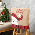 Burlap Christmas chair cover featuring embroidered Santa Claus motif and red plaid ruffles - Santa Claus / 52x48cm