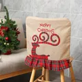 Burlap Christmas chair cover featuring red plaid reindeer embroidery and festive ruffles. - Elk Style / 52x48cm