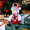 Plush snowman Christmas tree ornament with red burlap body and plaid scarf detail - Snowman with Bead Chain