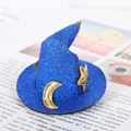 Mini pasador de pelo de sombrero de bruja azul brillante con luna y estrellas doradas - Azul