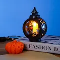 Vintage style Halloween decorative lantern with witch silhouette and warm LED candle light. - Round Witch Style