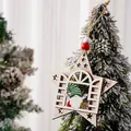 Detailed view of a wooden star-shaped Christmas ornament with a gnome hanging on a pine tree - Five Stars