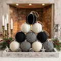 Detailed macro view of handmade black and white yarn-wrapped Christmas ball ornaments set - Black And White Striped Woven Style (SDQ001) / Set of 12