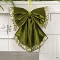 Large olive green velvet Christmas bow with gold sequin trim for wreath decor - 35cm Bow / Olive Green