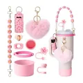 Ensemble complet d'accessoires roses pour gobelets 40oz avec cordon fleurs et pompon - Style 8