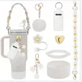 Set accessori bianco fiori di ciliegio per bicchieri con copri cannuccia e pompon - Adatto per Cannucce da 10mm / Set Bianco Crema