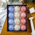 Set of 12 glitter mesh Christmas ornaments in blue, white, and red luxury gift box - 12 Pieces/Pack (8cm Ball) / Blue Gold Red Series