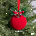 Rote beflockte Christbaumkugel mit Schleife und Glocke Dekoration, 8 cm Durchmesser Größe - Gestreifte Schleife Glocke Stil C