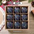 Set of 9 plaid Christmas ball ornaments in a brown gift box, navy and green tartan design. - Christmas Ball 9-Piece Set (XM0272S) / Diameter 8cm / Blue Plaid