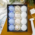 Set of 12 blue and white Christmas baubles with sequin netting in a black gift box. - 12 Pieces/Pack (8cm Ball) / Blue Gold White Series