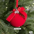 Elegante bola de Navidad roja flocada decorada con lazo y perlas, 8 cm de diámetro - Estilo E con Lazo de Terciopelo