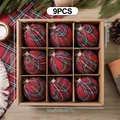 Nine-piece set of red plaid fabric Christmas tree ball ornaments with sizing details - Christmas Ball 9-Piece Set (XM0272S) / Diameter 8cm / Christmas Red Plaid