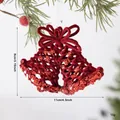 Red flocked Christmas bell hanging ornament with red sequins and festive bow detail - Double Bells (EJ0279S) / Burgundy