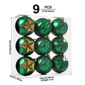 Set of 9 emerald green Christmas ball ornaments with glitter star and holly leaf designs - 9 Pieces/Pack / Dark Green