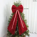 Large red velvet Christmas tree topper bow with gold heart patterns and long streamers - Heart Print Style (EJ0241S) / 115CM Size / Red