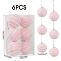 6PCS Pink and White Striped Plush Christmas Hanging Ball Set 6cm Holiday Ornaments - Set of 6 / Pink