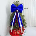 Large blue and red Christmas tree topper bow with long streamers decoration - Navy Velvet Style (EJ0241S) / 145CM Size / Blue