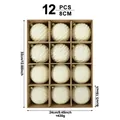 12-piece set of 8cm white flocked Christmas ball ornaments shown with box dimensions - Set of 12 / Off White