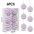 Set of 6 purple and white striped fuzzy Christmas ball ornaments showing size details - Set of 6 / Purple