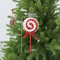 Rot-weißer Glitzer-Lollipop-Weihnachtsbaumschmuck mit Schleife und Größenangaben. - Spiral-Lollipop (EJ0220S) / Rot