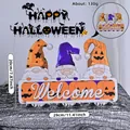Ξύλινη πινακίδα καλωσορίσματος Halloween με τρεις νάνους και κολοκύθες, 29x20cm. - L / Μαύρο Πορτοκαλί
