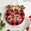 Festive Christmas buffalo plaid round door sign with red berries and bow ornament 30cm - Red and Black Plaid Style (XM-0030-002)