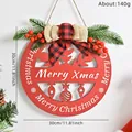 Decorative Christmas wooden door sign with red berries and plaid bow, 11.81 inch diameter - Red Hollow Merry Xmas Style (XM-0030-005)