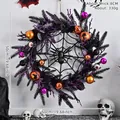 Μεγάλο στεφάνι Halloween 50cm με μωβ γκλίτερ, ιστό αράχνης και τρομακτικά στολίδια - 50CM-1 / Με Φώτα