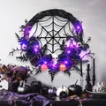 Γοτθικό στεφάνι Halloween με μαύρα τριαντάφυλλα, κρανίο και μωβ φώτα LED διακόσμηση - 45*39cm / Regular Fit