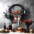 Spooky Halloween wreath with orange glitter skulls and black branches for door decor - Orange Glitter Skull Bow Wreath (43*33CM) / 43*33cm / Orange