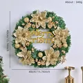 Ghirlanda di Natale verde artificiale da 40 cm con palline dorate galvanizzate e fiori d'oro - Stile Fiore Oro Merry Christmas (008)