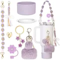 Vista detallada del juego de accesorios con tapa de pajita y correa tejida de flores - Juego Púrpura
