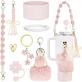 Juego de accesorios de flores rosas para vaso térmico con correa de macramé - Combo Rosa