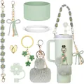 Juego de 7 piezas de accesorios para vaso verde menta con tapa de pajita de flor y correa - Verde menta