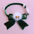Adjustable dark green velvet Christmas pet collar featuring a white pom-pom and gold bow charm - One Size (16-32cm) / Green Christmas