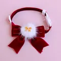 Festive red velvet Christmas pet collar with white fur pom-pom and gold bow charm - One Size (16-32cm) / Dark Red Christmas