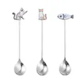 Cuillères à café en acier inoxydable 304 motif chat et poisson pour dessert - Ensemble de 3 cuillères chat et poisson (E) / Lot de 3