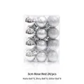 Detailed view of 24 silver Christmas balls in matte, shiny, and glitter finishes - Set of 24 / Silver