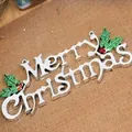 Silver Merry Christmas hanging sign with green holly leaf decoration on burlap background - 60cm 3D Letter / Silver
