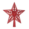 Macro view of a red glittery hollow-out star-shaped Christmas tree topper ornament - Red