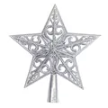 Detail view of silver hollow-out wire Christmas tree topper star with elegant scrollwork - Silver