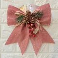Elegant rose gold glitter Christmas bow ornament with pine cones and red berries for tree - Size 3 (25x27cm) / Pink