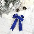 Blue glitter Christmas bow ornament with silver trim for holiday tree decor - 12CM Width / Blue