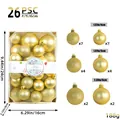 Detailed breakdown of 26-piece Christmas ball ornament set featuring three different sizes. - 26 Pieces/Pack / Gold