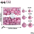 44-piece pink Christmas ball ornament set showing packaging dimensions and sizes - 44 Pieces / Pink