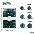 Detailed specifications of 26-piece Christmas ball set in various sizes and green finish - 26 Pieces/Pack / Dark Green